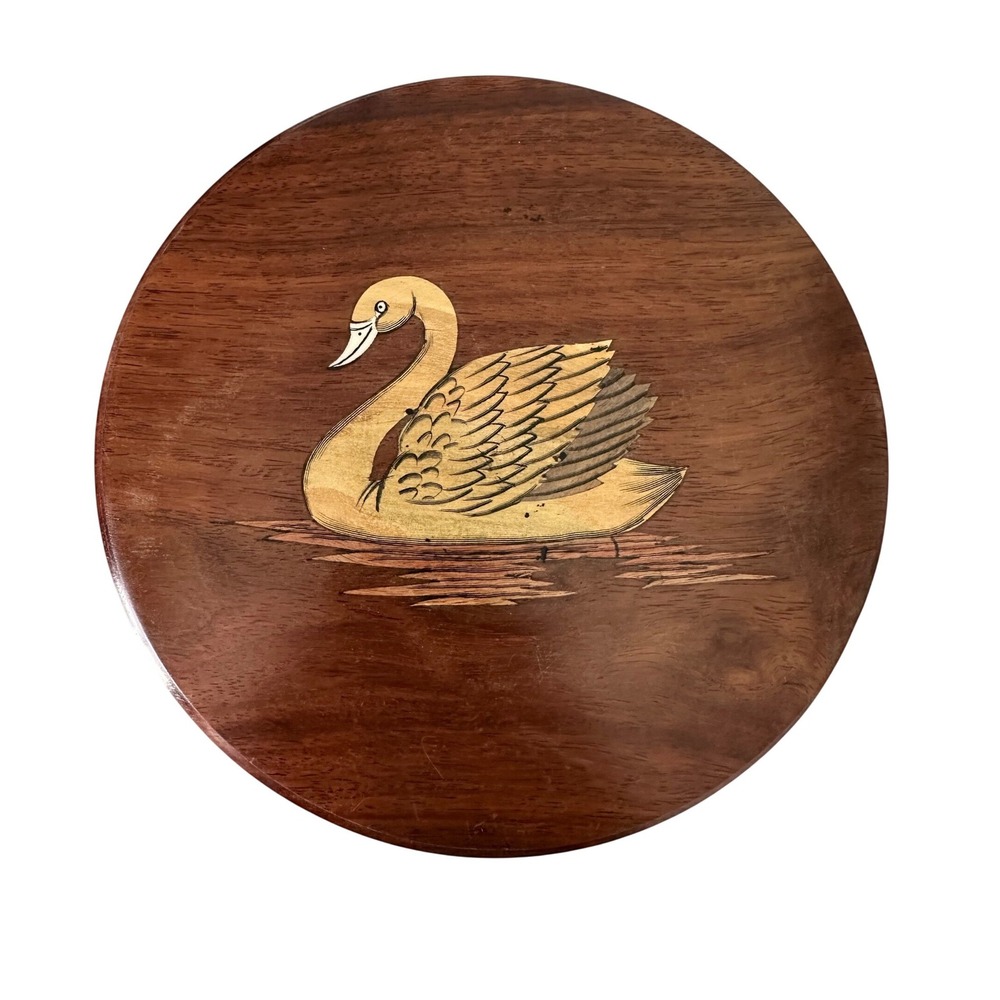Vintage Wooden Swan Round Wood Plaque Brown Art Wall Decor Nature Boho Handmade